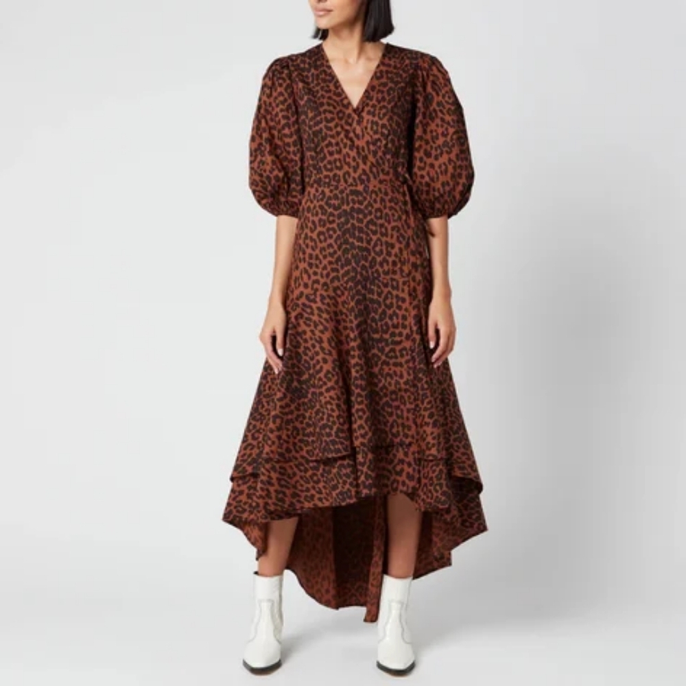 Ganni Leopard Print Cotton Poplin Wrap Dress